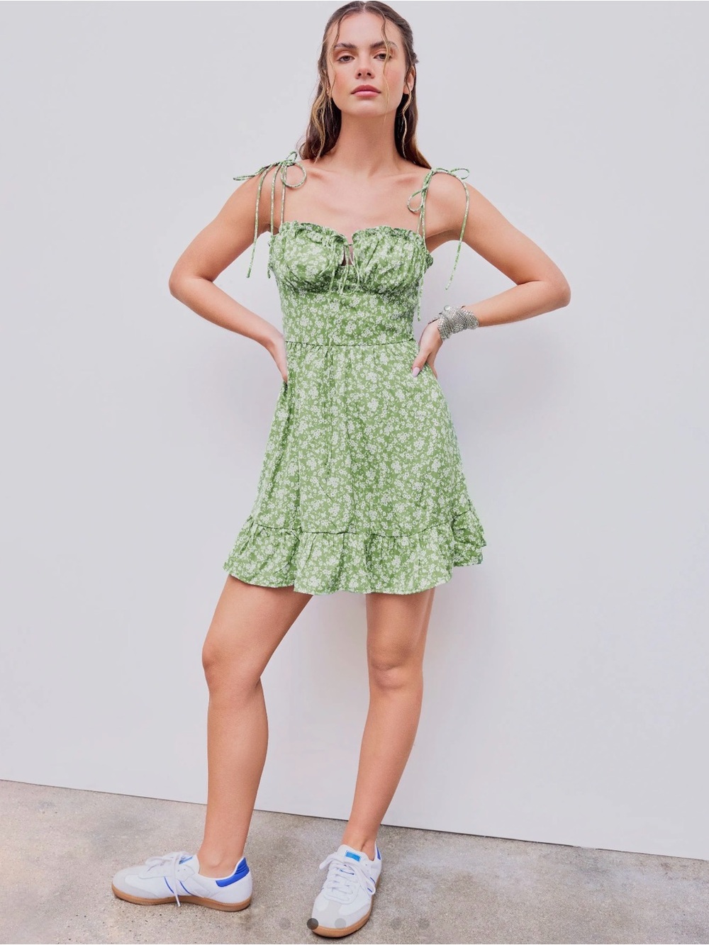 NWT! Cider Olive Green Mini Dress with White Floral Print - Picture 2 of 10